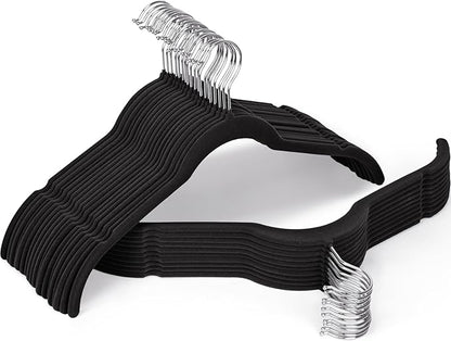 Black Velvet Hangers 30 Pack, Non-Slip Felt Hangers with Shoulder Notches, Slim Space Saving Clothes Hangers with 360°Swivel Hook for Shirts Heavy Coats Clothes Dresses Closet (Black)