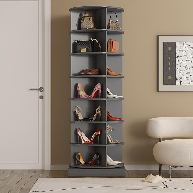 Rotating Shoe Rack, 7-Tiers Storage Shoe Rack Tower, Free Standing 360°Shoe Storage Organizer Shoe Rack for Entryway Living Room Hallway (Grey, 7-Tiers)