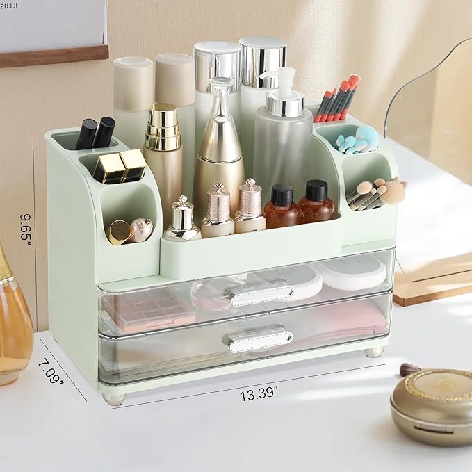 Large Makeup Organizer Countertop with Drawers, Make Up Organizer for Vanity, Makeup Storage Organizer Countertop Makeup Organizers for Skincare, Green