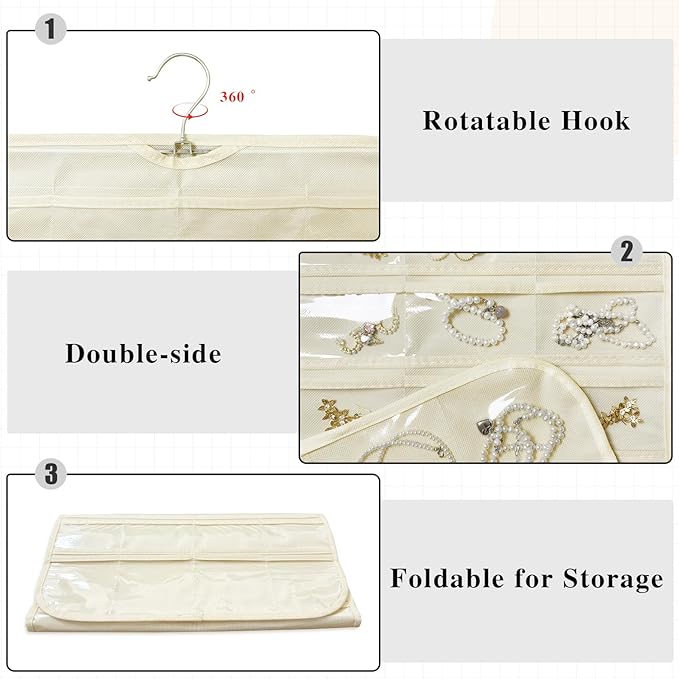 2 Pack Hanging Jewelry Organizer 80-Pocket Dual-sided Jewelry Storage for Earring Necklace Bracelet Ring Travel Holder, Beige