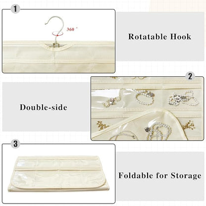 2 Pack Hanging Jewelry Organizer 80-Pocket Dual-sided Jewelry Storage for Earring Necklace Bracelet Ring Travel Holder, Beige