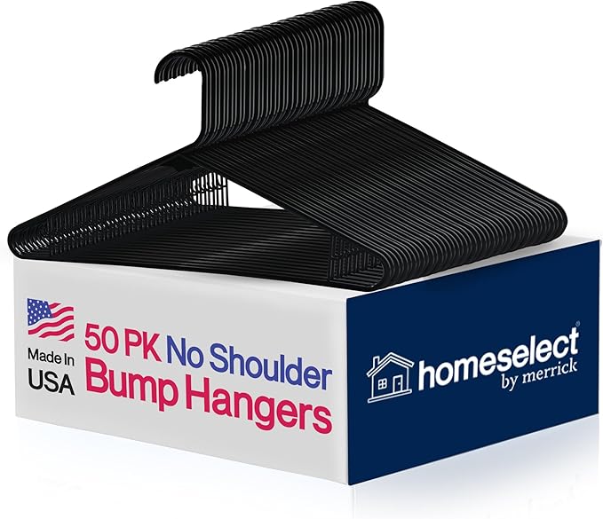 Homeselect 50 Pk Plastic Clothes Hangers Made in USA, No Shoulder Bumps, Space Saving, Hooks for Dresses and Strap, 6lb Capacity (Black)
