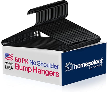 Homeselect 50 Pk Plastic Clothes Hangers Made in USA, No Shoulder Bumps, Space Saving, Hooks for Dresses and Strap, 6lb Capacity (Black)