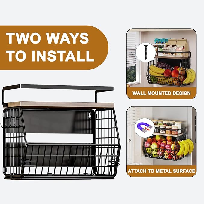 Fruit Basket 2 IN 1 Magnetic & Hanging Wall Produce Basket with Spice Rack for Potato and Onion Storage for Pantry,Kitchen Countertop and Fridge Organizer 2 PCS