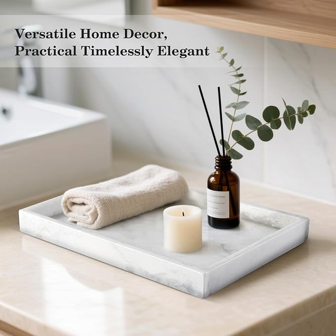 Real Natural Marble Tray, 11.7" x 7.8" Decorative Vanity Tray for Bathroom Countertop, Kitchen Counter, or Catchall, White Coffee Table Tray for Jewelry, Perfume, Candles, Office, Home Decor