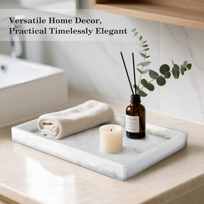 Real Natural Marble Tray, 11.7" x 7.8" Decorative Vanity Tray for Bathroom Countertop, Kitchen Counter, or Catchall, White Coffee Table Tray for Jewelry, Perfume, Candles, Office, Home Decor