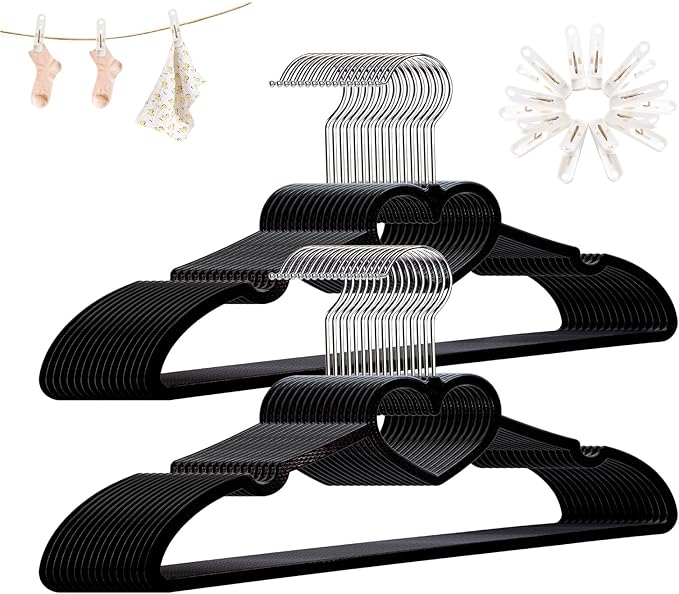Plastic Hangers 30 Pack, Heart-Shaped Clothes Hanger Ultra Thin Space Saving - Black Slim Hangers with 360 Degree Swivel Hook & Clips -Strong Durable Adult Coat Hangers for Dress, Shirts, Coats