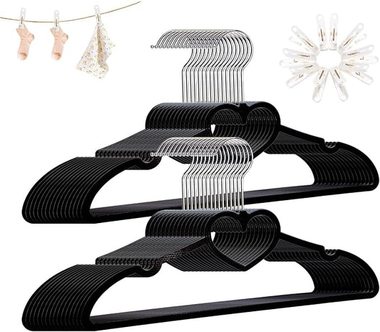 Plastic Hangers 30 Pack, Heart-Shaped Clothes Hanger Ultra Thin Space Saving - Black Slim Hangers with 360 Degree Swivel Hook & Clips -Strong Durable Adult Coat Hangers for Dress, Shirts, Coats