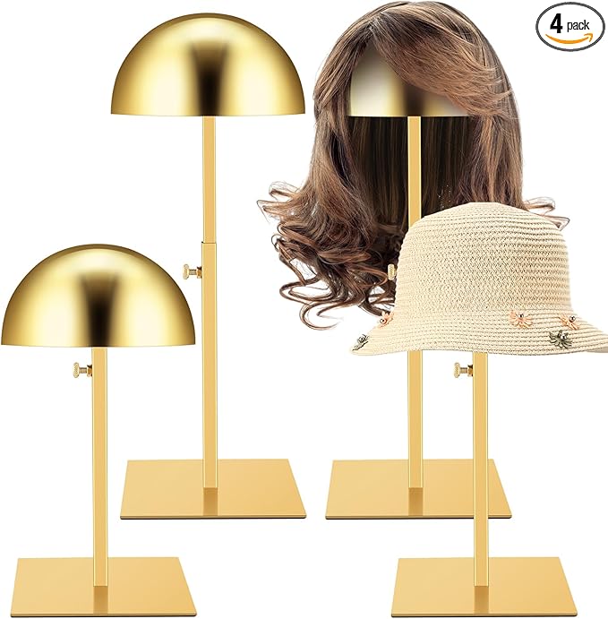 Sintuff 4 Pcs Hat Display Stand:adjustable 7.9-15.7inch Wigs Head Holder Stand Non Slip Stainless Steel Metal Rack for Multiple Hats Wig Storage Styling Practice(Gold,Square Base)