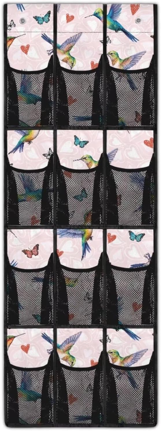 Hummingbird 12 Pockets Over the Door Shoe Organizer,Hanging Shoe Organizer for Door with 12 Mesh Pockets, Large Capacity Shoe Hanging Storage Bag,Headphone Storage Classroom