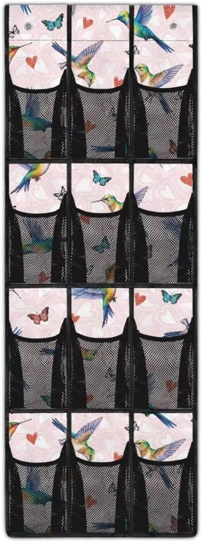 Hummingbird 12 Pockets Over the Door Shoe Organizer,Hanging Shoe Organizer for Door with 12 Mesh Pockets, Large Capacity Shoe Hanging Storage Bag,Headphone Storage Classroom