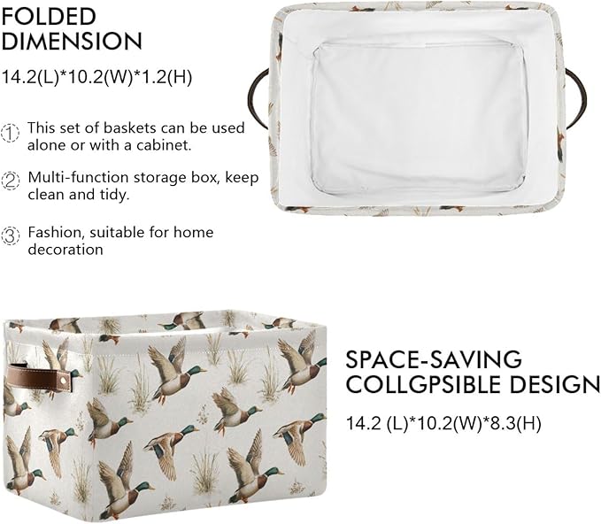 Mallard Ducks Reeds Square Baskets Storage Bins Foldable Fabric Organizer Bin Open Home Shelf Baskets