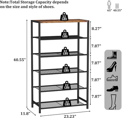 HOMEFORT Shoe Rack 6-Tier, Shoe Storage Shelf, Industrial Shoe Tower, Narrow Shoe Organizer for Closet Entryway, Small Shoe Rack Table with Durable Metal Shelves, Rustic Brown