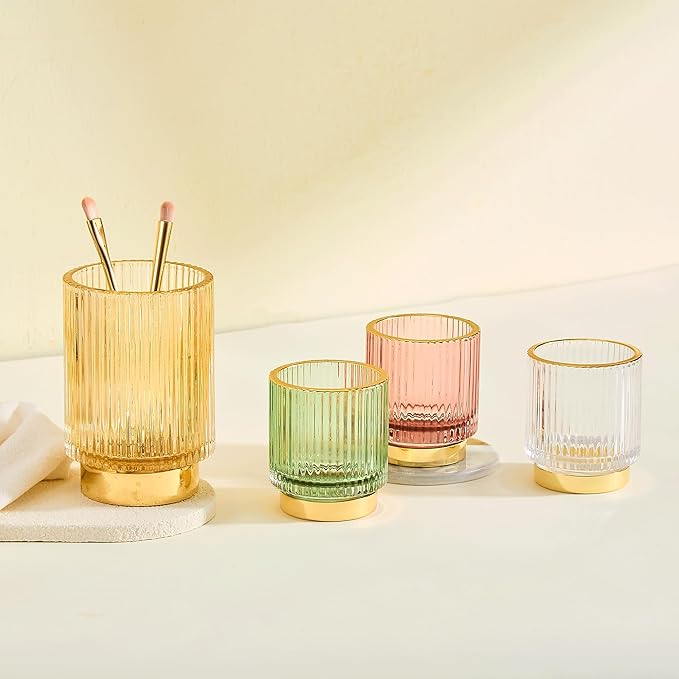 Makeup Brush Holder Organizer,Toothbrush Holders,Desk Pen Pencil Holder,Multifunctional Vintage Glass Brush Cup（L/Gold/A3-7-US）