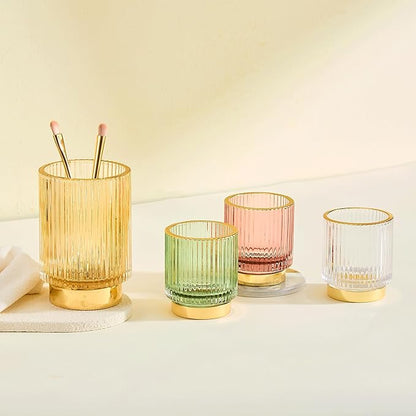 Makeup Brush Holder Organizer,Toothbrush Holders,Desk Pen Pencil Holder,Multifunctional Vintage Glass Brush Cup（L/Gold/A3-7-US）