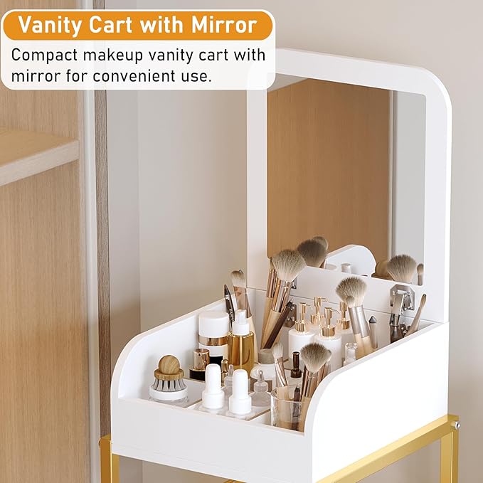 Makeup Cart Organizer with Mirror, Floor Makeup Organizer Large- Make Up Organizers Vanity Cart Cosmetic Display Cases Holder for Skin Care Perfume Nail Polish Brush Hair Tool (Gold)