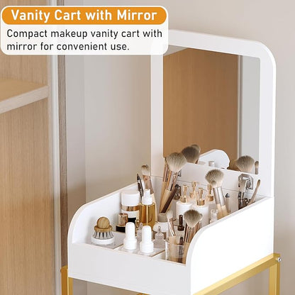 Makeup Cart Organizer with Mirror, Floor Makeup Organizer Large- Make Up Organizers Vanity Cart Cosmetic Display Cases Holder for Skin Care Perfume Nail Polish Brush Hair Tool (Gold)