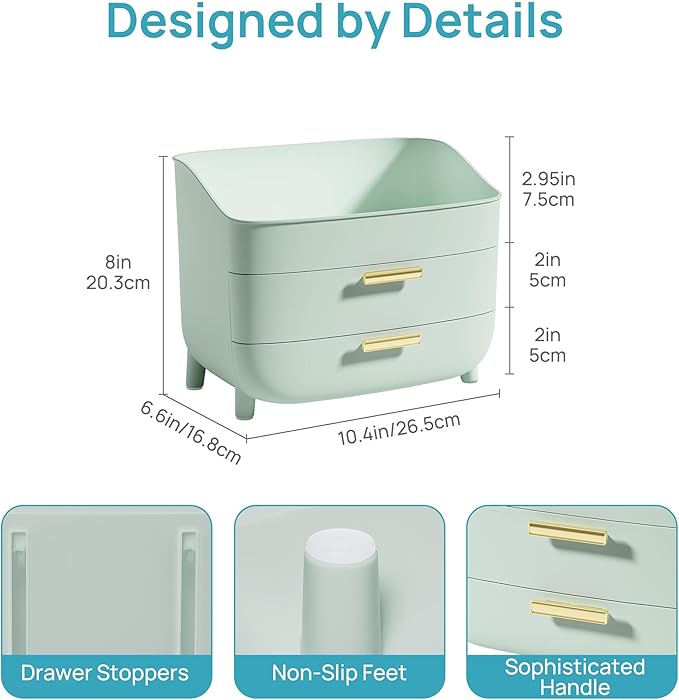 Vtopmart 3-Tier Skincare Makeup Organizer with Drawers for Vanity and Bathroom Countertop, Large Cosmetic Storage Box Case for Dresser, with Non-Slip Base, Green