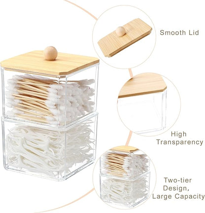 Qtip Holder Acrylic Container for Cotton Swab, Cotton Pads, Floss Picks - Restroom Containers Bathroom Essentials Accessories Decor Vanity Storage Organizer, 3.5'' x 3.5'' x 5.3''