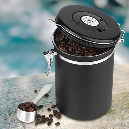 Ohtomber Coffee Canister Storage Container - 22OZ Stainless Steel Airtight Coffee Bean Storage Grounds Container with Date Tracker & Measuring Scoop, Kitchen Food Canister Jar for Cereal, Sugar, Tea