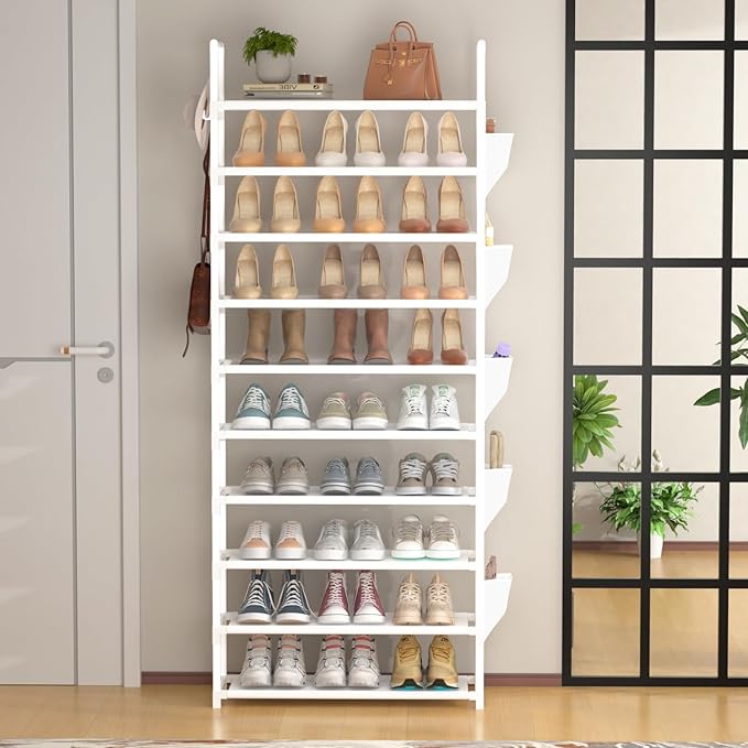 LUKYTOWER Tall Shoe Rack 10 Tier Shoe Racks Organizer for Closet 30-35Pairs,Large Capacity Storage Rack for Shoes with 5Hooks and Side Pocket,Sturdy Shoe Shelf, Vertical Shoe Stand Tower