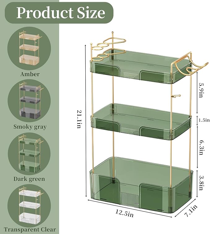 Makeup Organizer 3 Tier Bathroom Organizer Countertop Makeup Perfume Tray Skincare Organizer Comes with Hair Dryer Rack and Toothbrush Holder for Bathroom Dresser Vanity (Green)