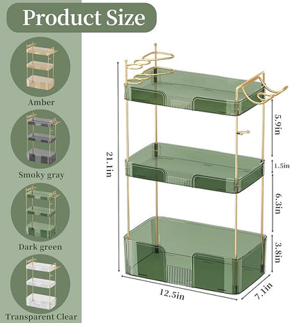 Makeup Organizer 3 Tier Bathroom Organizer Countertop Makeup Perfume Tray Skincare Organizer Comes with Hair Dryer Rack and Toothbrush Holder for Bathroom Dresser Vanity (Green)