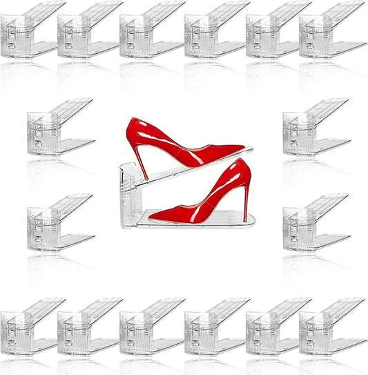 16 Pack Clear Shoe Slots Organizer - Adjustable Height 3.7''to 7.7'' Shoe stackers for a pair of shoes ,Shoe rack storage shoe space saver 50%,Easy to assemble shoe hold shoe organizer for cloest