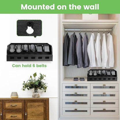 Large Adjustable Bamboo Belt Organizer Box, 6 Grids Belt Rack, Belt Organizer for Closet Shelf and Drawer, Tie and Belt Storage Organizer Wall Mount and Displayer for Men Women Father Day (Black)