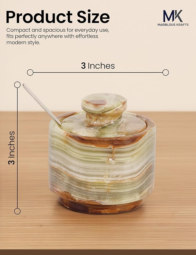 MARBLOUS KRAFTS Marble Salt Cellar with Lid and Spoon 3" Inch Green Stone Salt Dish for Kitchen Countertop Storage, Small Set of 2 Seasoning Containers, Spice Jars, Sugar Bowl, Gift for Mom