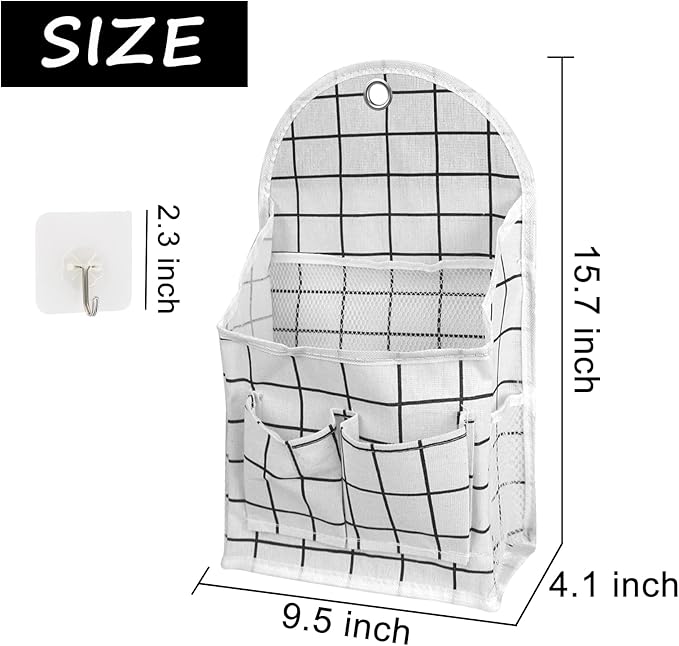 FuninCrea Wall Hanging Storage Bag, Black and White Checkered Linen Organizer Wall Mounted Punch-Free Over The Door Storage Pouch with 6 Storage Pockets and 1 Hanging Hook (White)