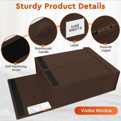 StorageTastic 6 Pack Bed Sheet Closet Organizers and Storage,Sturdy Foldable Storage Containers with Window and Label,Storage and Organization for Bedding Sheets,Duvet Covers,Blankets (Brown)