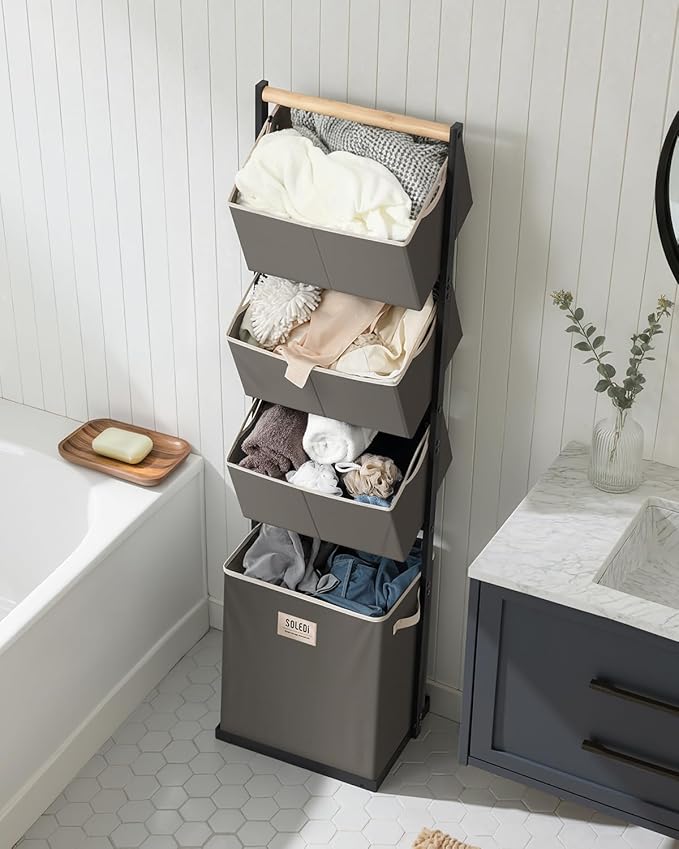 SOLEDI 4 Section Laundry Hamper Sorter, Stackable Laundry Basket Organizer with Removable Basket, 125L 4-Tier Vertical Laundry Sorter for Small Space, Laundry Room, Dorm, Bathroom, Wardrobe Grey