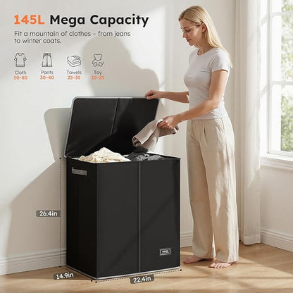 SOLEDI Double Laundry Hamper with Lid and Removable Laundry Bags,Divided Laundry Bin - Large Clothes Hamper 2 Section - Collapsible Laundry Baskets for Bedroom, Bathroom, Laundry Room,Black