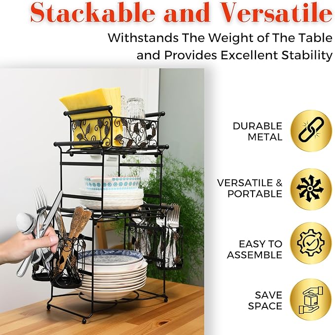Chaffing Dish Buffet Set – 3-Tier Chaffee Buffet Set with Plate, Napkin and Silverware Holder – Buffet Caddy Plate Holder Organizer for Kitchen, Dining, Entertainment – Tiered Organizer