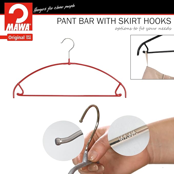 Mawa by Reston Lloyd Euro Ultra Light/Thin Series, Non-Slip Space Saving Clothes Hanger with Bar & Hook for Pants and Skirts, Style 42/PTU, Set of 2, Red