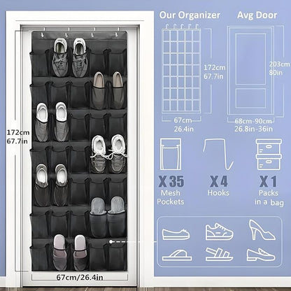 Meolsaek Over the Door Shoe Organizer with 40 Breathable Mesh Pockets, Hanging Shoe Organizer for Door with 4 Metal Hooks, Shoe Organizer for Closet, Bedroom, Bathroom, Pantry (Black, 35)