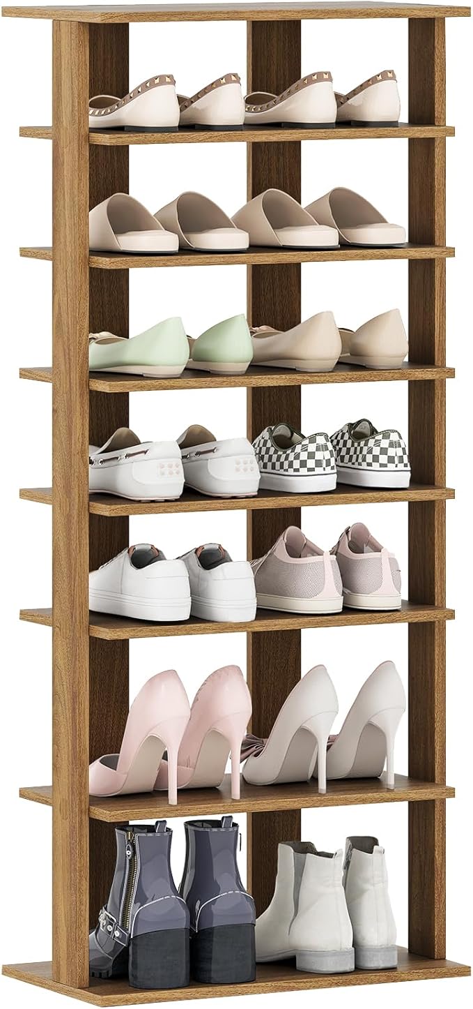Giantex 8-Tier Wooden Shoe Rack, Patented Double Row Shoe Organizer for 16 Pairs, Customizable Height, Space-Saving Shoe Storage Stand for Entryway, Hallway, Living Room, Bedroom, Natural