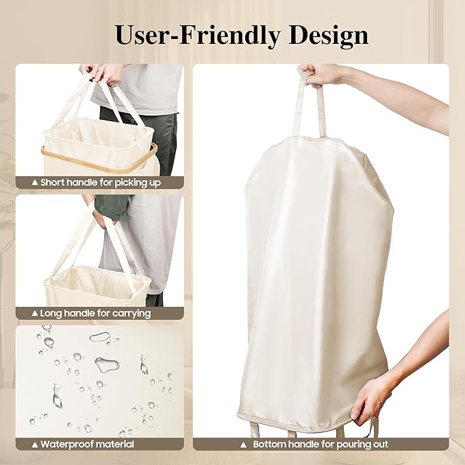 Foluck Large Laundry Hamper, 75L Waterproof Laundry Basket with Lid and Removable Bag, Collapsible Tall Clothes Hamper with Bamboo Handles for Clothes Toys in Dorm Bedroom Bathroom, Beige