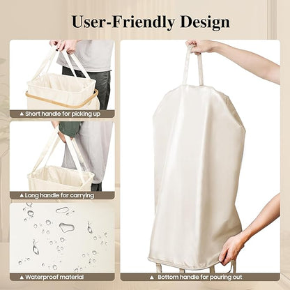 Foluck Large Laundry Hamper, 75L Waterproof Laundry Basket with Lid and Removable Bag, Collapsible Tall Clothes Hamper with Bamboo Handles for Clothes Toys in Dorm Bedroom Bathroom, Beige
