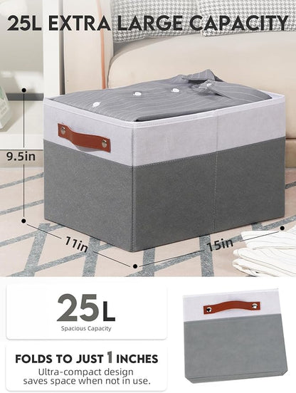[6-Pack] Fabric Storage Bins (15x11x9.5 ) Reinforced 2.5mm Cardboard Shelf Bins with PU Leather Handles Durable Storage Baskets for Closet Organization, Toy Organizer, & Home Office White&Grey