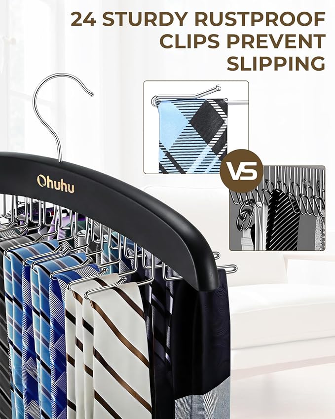 Ohuhu 24-Hook Wooden Tie Rack Organizer - Space Saving Closet Hanger with 360° Rotating Hooks, Anti-Slip Clips for Ties, Belts, Scarves - Premium Hardwood & Rustproof Steel Construction-Black
