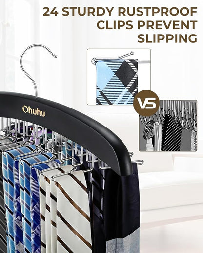 Ohuhu 24-Hook Wooden Tie Rack Organizer - Space Saving Closet Hanger with 360° Rotating Hooks, Anti-Slip Clips for Ties, Belts, Scarves - Premium Hardwood & Rustproof Steel Construction-Black