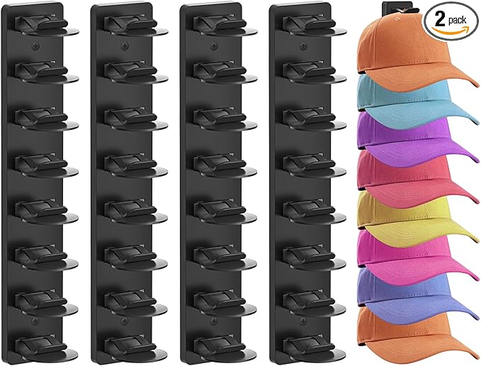 Eiito Hat Organizer for Baseball Caps, 4 Pack Strong Adhesive Hat Rack for Wall, Multilayer Hat Storage Display Holder, Wall Mounted Hat Hooks Hold up to 16 Hats for Closet (Black 4PCS)