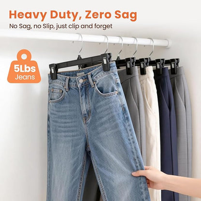 HOUSE DAY Pants & Skirt Hangers - 100 Pack Pants Hangers with Non-Slip Big Clips - Black Plastic Hanger for Shorts, Shirts, Jeans, Slacks, Clothes - Durable, Slim & Space Saving - 12 Inch