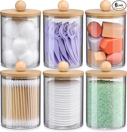 6-Pack Bamboo Qtip Holders - Bathroom Storage for Cotton Balls, Swabs, Pads, Floss