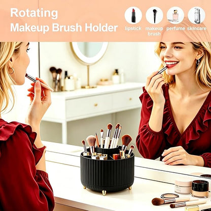 360° Rotating Makeup Brush Holder for Vanity, Elegant Black Makeup Organizer for Bathroom Countertop, Skincare & Cosmetic Storage Case