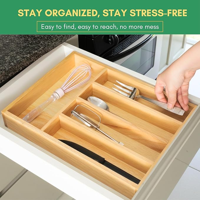 Rubber Wood Silverware Organizer for Drawer - [15"L x 11"W x 2"H] Utensil Tray, 5 Compartment Flatware Holder, Multi-Purpose Kitchen Drawer Organizer for Utensils, Stationery & Hand Tools