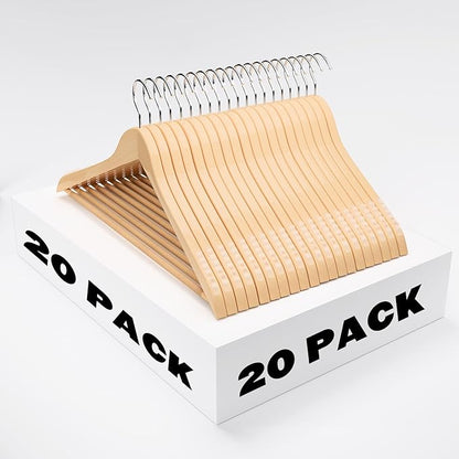 20 Pack Ergonomic Design Wooden Hangers with 360° Swivel Hook, Suit Hanger with Non Slip Pants Bar, Solid Wood Coat Hangers for Dress, Jacket, Pants, Heavy Clothes
