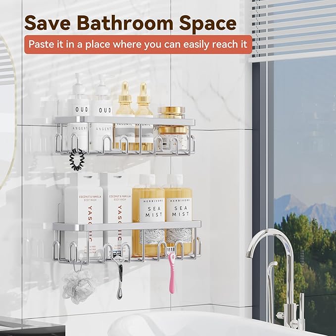 YASONIC Shower Caddy Adhesive 2-Pack, Rustproof Shower Organizer with Holder, No-Drill Shower Shelves for Inside the Shower, Large-Capacity Bathroom Organizers and Storage for Dorms & Renters, Silver